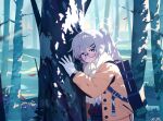  1girl ahoge argyle_clothes argyle_sweater backpack bag blonde_hair blue_archive blush buttons closed_mouth crossed_bangs dappled_sunlight day expressionless falling_leaves flower forest from_side game_asset glasses gloves hair_between_eyes hair_intakes hair_ornament hairclip halo hand_on_tree hand_up highres jacket kokosando kotama_(blue_archive) kotama_(camp)_(blue_archive) leaf light_rays long_hair long_sleeves looking_at_viewer nature non-web_source official_art outdoors ponytail purple_eyes purple_flower purple_halo red_leaf scarf self-datamine semi-rimless_eyewear sidelocks solo sunlight sweater tree upper_body white_gloves white_scarf x_hair_ornament yellow_flower yellow_jacket 