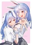  2girls :d ;d absurdres animal_ear_fluff animal_ear_piercing animal_ears arm_up artist_name azumi_illust bent_v black_necktie blush border breasts cleavage collared_shirt commentary cosplay cowboy_shot creature diagonal-striped_clothes diagonal-striped_necktie don-chan_(usada_pekora) dot_nose double-parted_bangs embarrassed eyebrows_hidden_by_hair fingernails fur_wrist_cuffs grey_skirt gyaru gyaru_v hair_ornament hair_scrunchie hairclip head_tilt high_side_ponytail highres hikimayu hololive jewelry kogal large_breasts long_fingernails long_hair looking_at_viewer loose_hair_strand loose_necktie mother_and_child mother_and_daughter multiple_girls nail_polish necktie official_alternate_costume official_alternate_hairstyle one_eye_closed open_mouth outline outstretched_arm parallel_hairclips parent_and_child parted_lips partially_unbuttoned pekomama piercing pink_background pink_nails pink_scrunchie plaid_clothes plaid_skirt pleated_skirt rabbit rabbit-shaped_pupils rabbit_ears rabbit_girl raised_eyebrows red_eyes school_uniform scrunchie shirt shirt_tucked_in short_eyebrows side_ponytail sidelocks single_wrist_cuff skirt sleeves_rolled_up small_breasts smile striped_clothes striped_necktie sweatdrop symbol-shaped_pupils teeth thick_eyebrows twitter_username upper_teeth_only usada_pekora usada_pekora_(12th_costume) usada_pekora_(cosplay) v v-shaped_eyebrows virtual_youtuber wavy_hair white_border white_outline white_shirt wrist_cuffs 