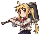  1girl ahoge black_skirt blonde_hair bocchi_the_rock! bow bowtie detached_ahoge empty_eyes hammer holding holding_hammer ijichi_nijika long_hair long_sleeves looking_at_viewer myvia_mokols pleated_skirt polka_dot polka_dot_bow polka_dot_bowtie red_bow red_bowtie red_eyes shirt side_ponytail simple_background skirt white_background white_shirt 