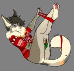  2018 anthro bell blue_eyes bottomless cabi_(lizzyluvskitty) cat christmas clothed clothing feline female fur grey_background grey_fur holidays legs_up mammal mistletoe neck_tuft norwegian_forest_cat one_eye_closed panties panties_down pawpads pink_nose plant pussy simple_background solo sweater sweetsart tuft underwear wink 