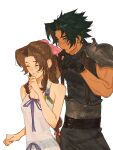  1boy 1girl aerith_gainsborough armor bare_shoulders black_gloves black_hair blue_eyes blush braid braided_ponytail closed_eyes commentary couple crisis_core:_final_fantasy_vii dress earrings english_commentary final_fantasy final_fantasy_vii flower gloves hair_ribbon hetero highres jewelry long_hair looking_at_another lumiaeria parted_bangs parted_lips pink_ribbon ponytail ribbon short_hair shoulder_armor sleeveless sleeveless_turtleneck smile spiked_hair stud_earrings suspenders sweater turtleneck turtleneck_sweater upper_body white_background white_dress zack_fair 