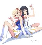  2girls alternate_costume anzai_chika band_uniform bare_shoulders black_hair blonde_hair boots breasts closed_mouth commentary_request cosplay grin hair_ribbon hibike!_euphonium highres inoue_takina long_hair looking_at_viewer lycoris_recoil marching_band medium_breasts multiple_girls nii_manabu nishikigi_chisato open_mouth purple_eyes red_eyes red_ribbon ribbon short_hair skirt sleeveless small_breasts smile string string_of_fate teeth voice_actor_connection white_boots white_skirt 
