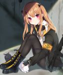  animal armband bangs black_bow black_cat black_footwear black_gloves black_jacket black_legwear black_ribbon blush boots bow cat closed_mouth commentary_request day eyebrows_visible_through_hair fingerless_gloves girls_frontline gloves grey_skirt gun h&amp;k_ump9 hair_between_eyes hair_bow head_tilt jacket light_brown_hair long_hair long_sleeves looking_at_viewer mizuki_ryuu neck_ribbon object_namesake on_shoulder open_clothes open_jacket outdoors pantyhose pleated_skirt red_eyes ribbon scar scar_across_eye sitting skirt solo twintails ump9_(girls_frontline) very_long_hair weapon white_cat 