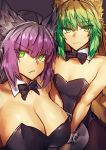  ahoge animal_ears atalanta_(alter)_(fate) atalanta_(fate) bangs bare_shoulders black_leotard black_neckwear blonde_hair bow bowtie breasts cat_ears cleavage detached_collar dual_persona eyebrows_visible_through_hair fate/grand_order fate_(series) gradient_hair green_eyes green_hair highres huge_breasts large_breasts leotard long_hair looking_at_viewer melon22 multicolored_hair multiple_girls parted_lips purple_background purple_hair simple_background small_breasts sweatdrop tray wrist_cuffs 
