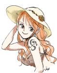  1girl bare_shoulders breasts brown_eyes cleavage closed_mouth commentary_request earrings food from_side fruit hat jas_(jasjasjasart) jewelry large_breasts long_hair looking_at_viewer mandarin_orange nami_(one_piece) one_piece orange_(fruit) orange_hair orange_slice pearl_earrings shoulder_tattoo signature smile solo sun_hat tattoo upper_body wavy_hair white_background 