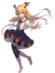  :d absurdres bangs black_legwear black_skirt blonde_hair eyebrows_visible_through_hair fangs floating_hair flower full_body head_wings highres igarashi_youhei layered_skirt leg_up long_hair long_sleeves looking_at_viewer open_mouth pantyhose petticoat pointy_ears red_eyes red_flower red_rose red_wings rose shingeki_no_bahamut shirt simple_background skirt smile solo standing standing_on_one_leg vampy very_long_hair white_background white_footwear white_shirt wings 