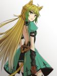  ahoge animal_ears atalanta_(fate) backless_dress backless_outfit blonde_hair dress elfenlied22 fate/apocrypha fate_(series) from_behind gloves gradient_hair green_eyes green_hair highres long_hair multicolored_hair tail 