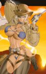  1girl aqua_eyes arm_up belt bikini blonde_hair blue_bikini braid breasts brown_chaps choker commentary_request cowboy_hat cowgirl_(western) cropped_jacket cross cross_necklace elf gloves gun hat holding holding_gun holding_weapon holster jewelry jill_(kasaki_yoshihiko) kasaki_yoshihiko large_breasts long_hair looking_at_viewer navel necklace original pointy_ears pouch revolver solo swimsuit thigh_holster thigh_pouch very_long_hair weapon white_gloves 