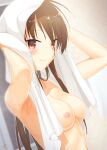  1girl absurdres after_bathing arms_up bathroom blurry blurry_background blush breasts brown_eyes brown_hair cleavage closed_mouth commentary_request dutch_angle eyes_visible_through_hair fumimaru hair_between_eyes highres indoors long_hair looking_at_viewer medium_breasts nipples nude nukigee_mitai_na_shima_ni_sunderu_watashi_wa_dou_surya_ii_desu_ka? shiny_skin smile solo tadasugawa_rei towel towel_on_head upper_body very_long_hair 