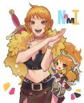  1girl :3 absurdres adapted_costume bangle belt belt_buckle blush_stickers bracelet braid brown_eyes brown_loincloth buckle cape character_name chibi chibi_inset choker commentary cowboy_shot crop_top eyelashes fangs fur_cape fur_leg_warmers gold_bangle highres jewelry leg_warmers long_hair looking_at_viewer midriff multiple_views nami_(one_piece) navel ne_djem official_alternate_hairstyle one_piece open_mouth orange_hair own_hands_together simple_background single_braided_sidelock smile sword sword_on_back teeth wavy_hair weapon weapon_on_back white_background yellow_cape 
