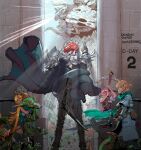  2boys 2girls absurdres aria_(dragonsword:_awakening) belt_pouch blonde_hair cape castella_(dragonsword:_awakening) countdown crossbow dragonsword:_awakening from_behind fur-trimmed_cape fur_trim goblin green_cape highres holding holding_crossbow holding_sword holding_weapon imminent_attack johnny_(dragonsword:_awakening) lute_(dragonsword:_awakening) multiple_boys multiple_girls official_art pink_hair pointing pointing_at_another pouch red_hair strangling sword taking_cover weapon 