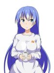 blue_eyes blue_hair casual cato_(monocatienus) coffee coffee_mug commentary cup holding holding_cup kamishirasawa_keine long_hair long_sleeves mug multicolored_hair no_hat no_headwear paw_print shirt simple_background solo streaked_hair touhou two-tone_hair upper_body white_background 