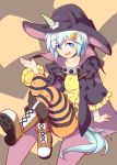  alternate_costume animal_ears black_cape black_hat blue_eyes blue_hair blush boots brown_footwear cape choker full_body hair_ornament hand_up harisenbon_chop hat horse_ears horse_tail knees_up looking_at_viewer orange_legwear pantyhose seiun_sky short_hair sitting solo striped striped_legwear tail umamusume wide_sleeves witch_hat 