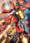  1980s_(style) 1990s_(style) absurdres army beam_cannon commentary denjyou23 energy_beam energy_cannon firing funnels_(gundam) gazu-l gazu-r geymalk glowing glowing_eye green_eyes gundam gundam_perfect_file gundam_zz highres lance lens_flare magazine_scan mecha mecha_focus missile missile_pod mobile_suit muzzle_flash nebula neo_zeon no_humans official_art one-eyed one-eyed_mecha painting_(medium) polearm promotional_art purple_eyes radio_antenna realistic retro_artstyle robot roundel scan science_fiction space spacecraft star_(sky) thrusters traditional_media weapon zero_gravity 