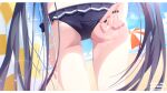  2girls absurdres adjusting_clothes adjusting_swimsuit artist_name ass ass_focus beach bikini black_bikini black_hair black_nails blue_archive commentary_request frilled_bikini frills from_behind halo highres hoshino_(blue_archive) hoshino_(swimsuit)_(blue_archive) long_hair multiple_girls official_alternate_costume outdoors pink_halo serika_(blue_archive) serika_(swimsuit)_(blue_archive) solo_focus spice_mega swim_ring swimsuit twintails white_bikini 