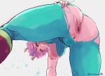  1girl anus artist_name ashido_mina ass ass_focus bent_over black_sclera bodysuit boku_no_hero_academia breasts colored_sclera colored_skin commentary_request from_behind from_below hand_on_own_ass highres horns large_breasts looking_at_viewer minakami_(flyingman555) nipples pink_hair pink_skin presenting_own_ass presenting_own_body pussy short_hair simple_background smile solo spread_anus spreading_own_anus teeth torn_bodysuit torn_clothes uncensored white_background yellow_eyes 