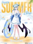  1girl absurdres artist_name breasts cleavage commentary cross-shaped_pupils elira_pendora english_commentary english_text food head_wings heterochromia high_ponytail highres holding holding_food holding_popsicle holding_swim_ring large_breasts low_wings nijisanji nijisanji_en ponytail popsicle ryota_ryu solo swim_ring symbol-shaped_pupils vgen_username virtual_youtuber wings 