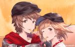  1girl black_hat blonde_hair brown_eyes brown_hair collarbone couple djeeta_(granblue_fantasy) floating_hair gran_(granblue_fantasy) granblue_fantasy hat highres milli_little one_eye_closed portrait short_hair twitter_username 