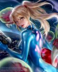  1girl blonde_hair blue_eyes bodysuit copyright_name gun holding holding_gun holding_weapon looking_back loputon metroid nintendo ponytail samus_aran skintight space weapon 