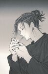  1boy absurdres cigarette closed_mouth commentary flamingosato from_side geto_suguru greyscale hair_bun highres holding holding_lighter jujutsu_kaisen lighter lighting_cigarette long_sleeves male_focus monochrome mouth_hold nail_polish plug_(piercing) shirt short_hair single_hair_bun solo untranslatable_commentary upper_body 