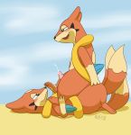  2018 2_tails anal anal_penetration blush cowgirl_position cum cum_while_penetrated cute_fangs duo ellistia feral floatzel hi_res implied_anal male male/male mammal multi_tail nintendo on_top penetration penis pink_penis pok&eacute;mon pok&eacute;mon_(species) sand sex side_view simple_background video_games 