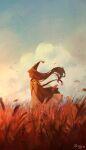  1girl absurdres aqua_cloak cloak commentary grass hat hat_tassel highres long_hair outdoors porukana qifrey's_atelier_apprentice_uniform richeh_(tongari_boushi_no_atelier) solo sunset tassel tongari_boushi_no_atelier 