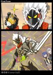  1girl 2boys arm_mounted_weapon belle_(zenless_zone_zero) belt billy_kid billy_kid_(starlight) black_jacket blue_hair bracelet brother_and_sister chain chain_around_arm clothed_robot commentary english_commentary floating_scarf fur-trimmed_jacket fur_trim gamer_driver green_eyes grey_hair gun hair_ornament highres horns humanoid_robot hyper_muteki_gashat jacket jewelry kamen_rider kamen_rider_ex-aid_(series) leonartha03 maximum_mighty_x_gashat multiple_boys multiple_girls open_mouth outdoors red_scarf revolver rider_belt rider_gashat robot robot_boy scarf short_hair siblings spiked_bracelet spiked_hair spikes weapon white_hair wise_(zenless_zone_zero) yellow_eyes zenless_zone_zero 
