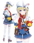  1girl absurdres amanogawa_shiina angry badge belt beret blonde_hair blue_eyes blush boots brown_boots commentary_request commission cosplay feather_hair_ornament feathers fingerless_gloves full_body girls'_frontline girls'_frontline_2:_exilium gloves gradient_hair gun hair_between_eyes hair_ornament hat hat_feather headphones highres holding holding_gun holding_weapon holster jacket looking_at_viewer looking_to_the_side medium_hair miniskirt multicolored_hair multiple_views nagant_(girls'_frontline_2) nagant_m1895 nagant_revolver_(girls'_frontline) nagant_revolver_(girls'_frontline)_(cosplay) open_mouth phase_connect pin pointing pointing_at_viewer pouch red_scarf revolver sad_bee_(amanogawa_shiina) sailor_collar scarf simple_background skirt standing stuffed_animal stuffed_toy thighhighs tsukkitaan utility_belt virtual_youtuber weapon white_jacket white_thighhighs 