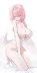  1girl absurdres breasts commentary_request corset feather_censor feathered_wings feathers highres laneigu large_breasts medium_hair panties pink_hair purple_eyes remielle_dan seiza simple_background sitting solo thighhighs thighs underwear white_background white_corset white_feathers white_panties white_thighhighs white_wings wings zenless_zone_zero 