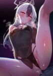  1girl aroused bare_legs bikini bikini_under_clothes black_bikini black_choker black_hair black_horns blue_archive breasts choker collared_tunic commentary_request dress earclip from_below grey_halo hair_between_eyes hair_in_own_mouth halo heavy_breathing highres horns itsk_ne kayoko_(blue_archive) kayoko_(tsutaya)_(blue_archive) long_hair looking_at_viewer loose_hair_strand lowleg lowleg_bikini mole mole_on_neck multicolored_hair naughty_face off-shoulder_dress off_shoulder official_alternate_costume partially_visible_vulva red_eyes see-through_clothes see-through_dress small_breasts solo spread_legs swimsuit textless_version two-tone_hair upper_body white_hair 