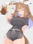  1girl absurdres air_conditioner almond_eye_(umamusume) alternate_costume animal_ears black_shirt black_shorts blush bow bow_hairband braid breasts brown_hair closed_eyes closed_mouth colored_inner_hair commentary_request controller explosion hair_ornament hairband hairclip highres holding holding_controller holding_remote_control horse_ears horse_girl horse_tail large_breasts long_hair midriff_peek multicolored_hair okomesuihanki remote_control shirt short_sleeves shorts tail umamusume white_hairband 
