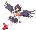  1girl bird_wings black_bow black_bowtie black_hair black_skirt black_wings blush bow bowtie commentary_request fang feathered_wings frilled_skirt frills full_body game_asset geta hakurei_frontier_spell_strive hat highres looking_at_viewer medium_hair multicolored_shirt official_art open_mouth pom_pom_(clothes) puffy_short_sleeves puffy_sleeves red_eyes red_hat shameimaru_aya shirt short_hair short_sleeves simple_background skin_fang skirt smile solo tengu-geta teoi_(good_chaos) third-party_source tokin_hat touhou transparent_background white_shirt wings 