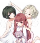  3girls :d :p ^_^ angel_wings asagi_nanami bare_shoulders black_ribbon blonde_hair blue_eyes blunt_bangs blush brown_hair camisole closed_eyes closed_mouth collarbone commentary_request cowboy_shot dress facing_viewer forehead green_hair hair_ribbon hand_on_another's_shoulder happy highres holding holding_own_dress holding_stuffed_toy japanese_clothes kazui_koyuki kimono kuryo_nozomi long_hair long_sleeves looking_at_viewer medium_hair multiple_girls nie_no_hakoniwa open_mouth outstretched_arm parted_bangs pink_camisole pink_shorts ribbon saegusa_touka shorts sidelocks simple_background sleeveless sleeveless_dress smile strap_slip stuffed_animal stuffed_toy sundress swept_bangs teddy_bear teeth tongue tongue_out two_side_up upper_teeth_only v very_long_hair white_background white_dress white_kimono wide_sleeves wings 
