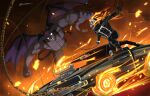  burning car chain_whip danielfs demon demon_boy demon_wings devilman fire flaming_head flaming_skull fudou_akira ghost_rider ghost_rider_(series) head_wings highres jacket large_head_wings leather leather_jacket marvel motor_vehicle skull skull_head superhero_costume wings 