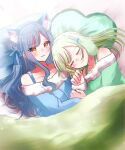  2girls absurdres animal_ears asahi_rise bang_dream! bang_dream!_it's_mygo!!!!! blue_dress blue_hair cat_ears closed_eyes closed_mouth commentary dress fake_animal_ears fur-trimmed_dress fur_trim green_dress green_hair highres long_hair long_sleeves multiple_girls off-shoulder_dress off_shoulder open_mouth pillow rabbit_ears sidelocks sleeping togawa_sakiko wakaba_mutsumi 