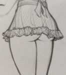  1girl ass ass_focus ass_peek bow commentary crosshatching english_commentary frills from_behind hatching_(texture) highres legs miniskirt monochrome original puddingdraws skirt solo standing thighs waist_bow 