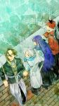  2boys 2girls abe_tsukasa axe battle_axe black_coat black_robe blue_scarf brick_floor brick_wall brown_hair building butterfly_hair_ornament capelet chimney coat commentary_request cropped day double-sided_axe duplicate earrings elf facial_hair fern_(sousou_no_frieren) frieren full_body green_eyes hair_ornament highres house jacket jewelry knit_scarf long_hair long_sleeves looking_at_viewer multiple_boys multiple_girls official_art official_wallpaper on_rooftop outdoors parted_bangs pointy_ears purple_hair purple_scarf red_hair red_jacket robe rooftop scarf sein_(sousou_no_frieren) short_hair sousou_no_frieren stark_(sousou_no_frieren) straight_hair twintails weapon white_hair 