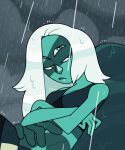  1girl animated animated_gif breasts cleavage closed_mouth colored_skin crop_top crossed_arms discount-supervillain extra_eyes gem gem_(steven_universe) green_eyes green_skin highres homeworld_gem_uniform lips malachite_(steven_universe) nose_jewel rain solo steven_universe striped_skin wet wet_hair white_hair 