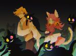  1boy 1girl aislan angry animal_ears animal_on_shoulder annoyed bell_ear_ornament blonde_hair brown_pants cat cat_ears cat_girl cat_on_shoulder cat_tail colored_sclera commentary deltarune dress flowery_(deltarune) friend_(deltarune) gloves gradient_background green_eyes green_vest grid_teeth grin heart heart_necklace heterochromia jewelry mad_mew_mew necklace orange_vest own_hands_together pants pink_dress pink_eyes pink_hair shirt smile sweatdrop tail too_many too_many_cats untranslatable_commentary utdr_(toby_fox) vest walking white_gloves white_shirt yellow_eyes 