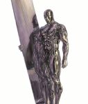  1boy abs alex_ross bald divine_being fantastic_four highres imprinted_skin male_focus marvel metal_skin muscular muscular_male pectorals realistic reflection reflective_surface shiny_skin silver_skin silver_surfer simple_background skyboard solo standing surfboard toned toned_male 