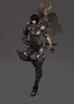  1girl arm_armor armor armored_boots bad_id bad_link belt belt_buckle belt_collar belt_pouch black_boots black_eyeliner black_hair black_pants black_shirt boots brown_pants buckle collar concept_art eyeliner face_harness green_scarf gunz_2_the_second_duel gunz_the_duel jerrypark lace-up_boots makeup multiple_belts ninja official_art pants pouch rivets scarf shirt short_hair shoulder_armor striped_clothes striped_scarf sword thigh_armor thigh_strap tight_clothes tight_shirt weapon yellow_scarf 