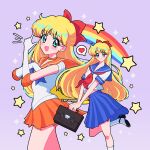  1girl :d absurdres aino_minako aqua_eyes bishoujo_senshi_sailor_moon black_shoes blonde_hair blue_bow blue_sailor_collar blue_skirt blush bow briefcase choker closed_mouth collarbone collared_shirt commentary earrings elbow_gloves english_commentary eyelashes gloves grey_background hair_bow heart highres holding holding_briefcase index_finger_raised jewelry long_eyelashes long_hair looking_at_viewer magical_girl miniskirt multiple_views neckerchief notice_lines nyuumin open_mouth orange_choker orange_sailor_collar orange_skirt pleated_skirt rainbow red_bow red_neckerchief sailor_collar sailor_senshi_uniform sailor_venus school_uniform serafuku shiba_koen_middle_school_uniform shirt shoes short_sleeves skirt smile socks speech_bubble spoken_heart standing standing_on_one_leg star_(symbol) star_choker twitter_username white_gloves white_shirt white_socks 