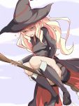  1girl agnes_(gegege_no_kitarou_6) bangs black_footwear black_hat black_shirt black_skirt blonde_hair blue_sky blush boots breasts broom broom_riding broomstick cloud day eyebrows_visible_through_hair female flying full_body gegege_no_kitarou hair_between_eyes half-closed_eyes hat have_to_pee highres japanese_text knee_boots long_hair long_sleeves miniskirt muroi_(fujisan0410) nose_blush open_mouth outdoors peeing peeing_self pleated_skirt pointy_shoes purple_eyes saliva shirt shoes skirt sky small_breasts solo sweat tears translation_request trembling waist_cape wet wet_clothes witch witch_hat 