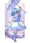  1girl alternate_costume alternate_hairstyle blue_boots blue_dress blue_eyes blue_hair blush boots border braid capelet chinese_commentary commentary_request dress full_body fur-trimmed_boots fur-trimmed_capelet fur_trim hat heterochromia high_heel_boots high_heels highres holding holding_umbrella long_sleeves looking_at_viewer open_mouth outside_border pantyhose red_eyes shouxishao_jiuyuan smile solo tatara_kogasa touhou touhou_lostword umbrella white_border white_capelet white_hat white_pantyhose white_umbrella 