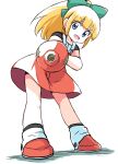  1girl :d aiming aiming_at_viewer android arm_cannon blonde_hair blue_eyes bow commentary dot_nose dress full_body green_bow hair_bow highres ikaringo_(ikaringo4444) long_hair looking_at_viewer mega_man_(classic) mega_man_(series) open_mouth red_dress red_shoes roll_(mega_man) shoes short_sleeves simple_background smile solo standing weapon white_background 