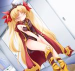  1girl anbee_(arary) armored_boots bangs between_legs black_leotard blonde_hair blush boots bow breasts cape crown detached_collar door dutch_angle earrings embarrassed ereshkigal_(fate/grand_order) eyebrows_visible_through_hair eyes_closed fate/grand_order fate_(series) female hair_bow hand_between_legs hands_together have_to_pee highres indoors jewelry leotard long_hair medium_breasts peeing peeing_self pigeon-toed puddle red_bow red_cape single_sleeve skull solo standing strapless strapless_leotard tears tied_hair twintails v_arms very_long_hair wet wet_clothes yellow_footwear 