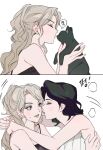  2girls absurdres actress arms_around_neck black_cat black_hair camisole cat cha_jiyeon character_request closed_mouth commentary_request grey_hair highres jeong_sunah korean_commentary long_hair multiple_girls puckered_lips purple_camisole real_life rp_0216 shirt simple_background speech_bubble transformation translation_request white_background white_shirt yuri 