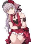  armband bang_dream! bangs breasts brooch choker cleavage commentary_request crossed_legs dress earrings flower grey_hair hair_flower hair_ornament hairband hand_on_own_elbow hand_up highres jewelry lace long_hair looking_at_viewer minato_yukina narafume necklace red_choker red_dress red_flower red_rose rose simple_background sitting small_breasts smile solo veil white_background wrist_cuffs yellow_eyes 