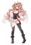  1girl absurdres alternate_breast_size_(larger) angelina_(arknights) angelina_the_mellow_wish_(arknights) animal_ear_fluff animal_ears arknights asymmetrical_legwear black_boots black_collar black_hairband black_thighhighs boots breasts brown_eyes brown_hair chinese_commentary cleavage closed_mouth collar commentary_request detached_sleeves dress drill_hair earpiece fox_ears fox_girl full_body hair_between_eyes hairband highres large_breasts long_hair long_sleeves looking_at_viewer multicolored_hairband pleated_dress simple_background smile solo standing thighhighs twintails two-tone_hairband very_long_hair white_background white_dress xiaomingo-2cl 