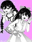  2girls alternate_costume alternate_hairstyle artist_name aubrey_(faraway)_(omori) aubrey_(omori) blush bow braid collarbone commentary_request gradient_background greyscale_with_colored_background hair_bow highres looking_at_viewer low_twin_braids mari_(faraway)_(omori) mari_(omori) multiple_girls omori one_eye_closed open_mouth ponytail ryo_pen17 shirt sleeveless sleeveless_shirt smile teeth tongue twin_braids twitter_username upper_teeth_only 